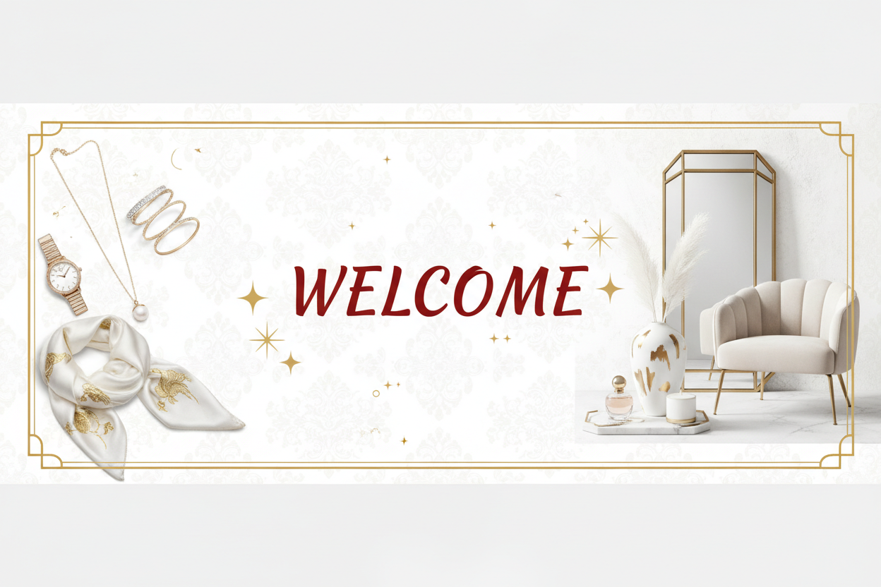 Create a fashion and lifestyle and decor Pinterest vibe banner in white and gold theme. write WELCOME in red color on the banner in a medium font